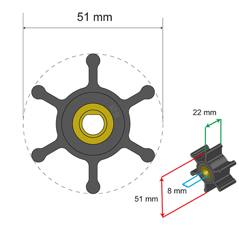 Albin Group Premium Impeller Kit - 51 x 8 x 22mm - 6 Blade - Single Flat Insert [06-01-008]