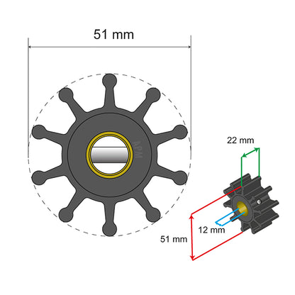 Albin Group Premium Impeller Kit - 51 x 12 x 22mm - 10 Blade - Pin Insert [06-01-010]