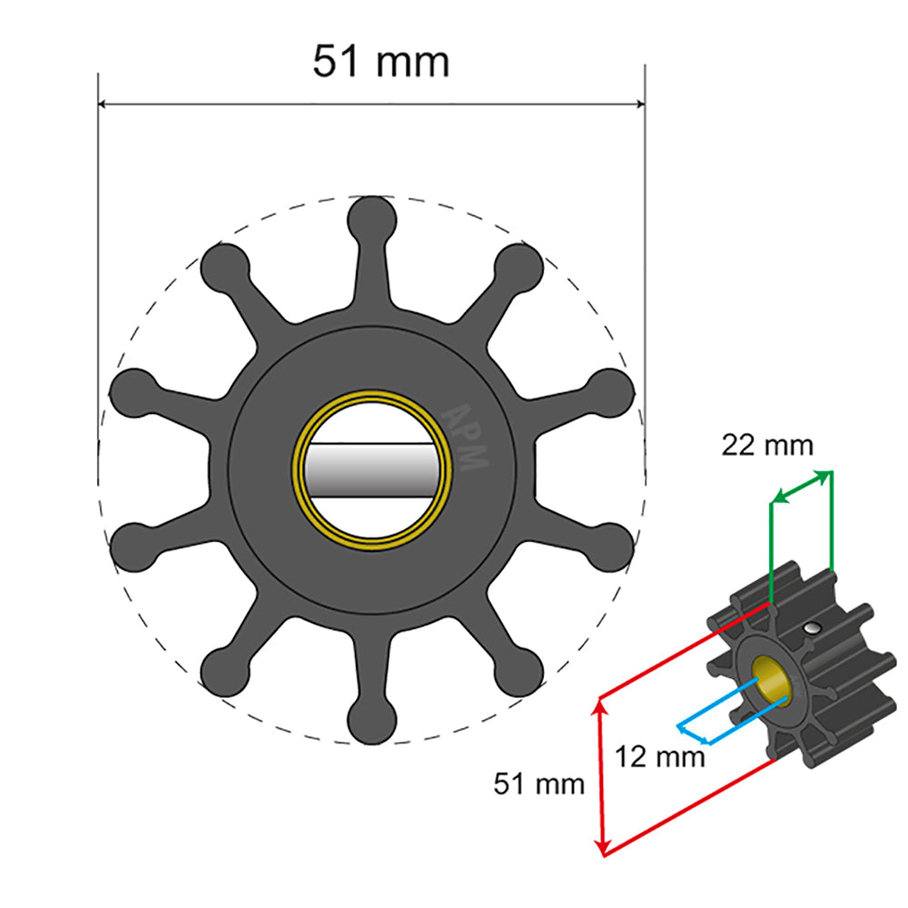 Albin Group Premium Impeller Kit - 51 x 12.7 x 22mm - 10 Blade - Pin Insert [06-01-011]