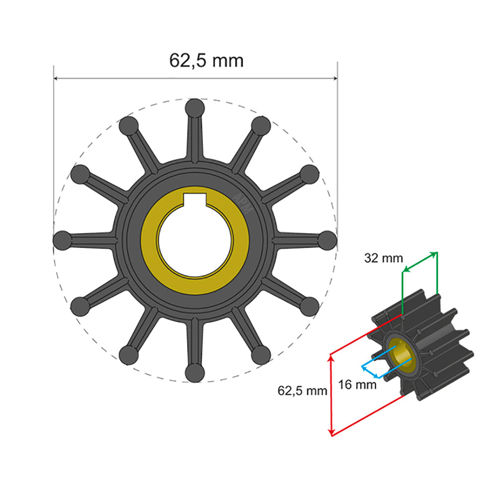 Albin Group Premium Impeller Kit 62.5 x 16 x 32mm - 12 Blade - Key Insert [06-01-016]