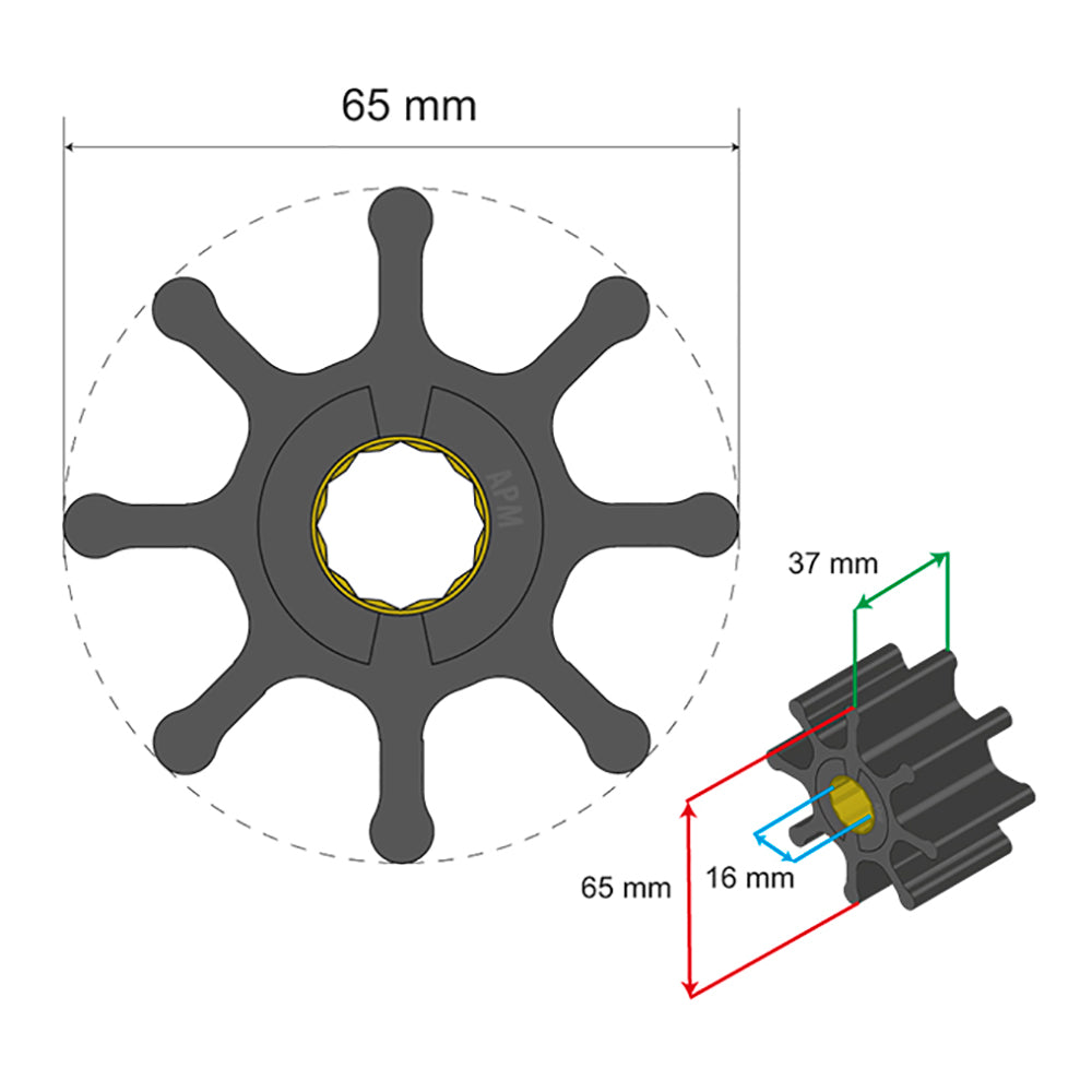 Albin Group Premium Impeller Kit 65 x 16 x 37mm - 8 Blade - Spline Insert [06-01-017]