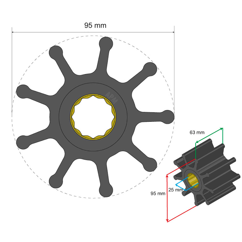 Albin Group Premium Impeller Kit 95 x 25 x 63mm - 9 Blade - Spline Insert [06-02-027]