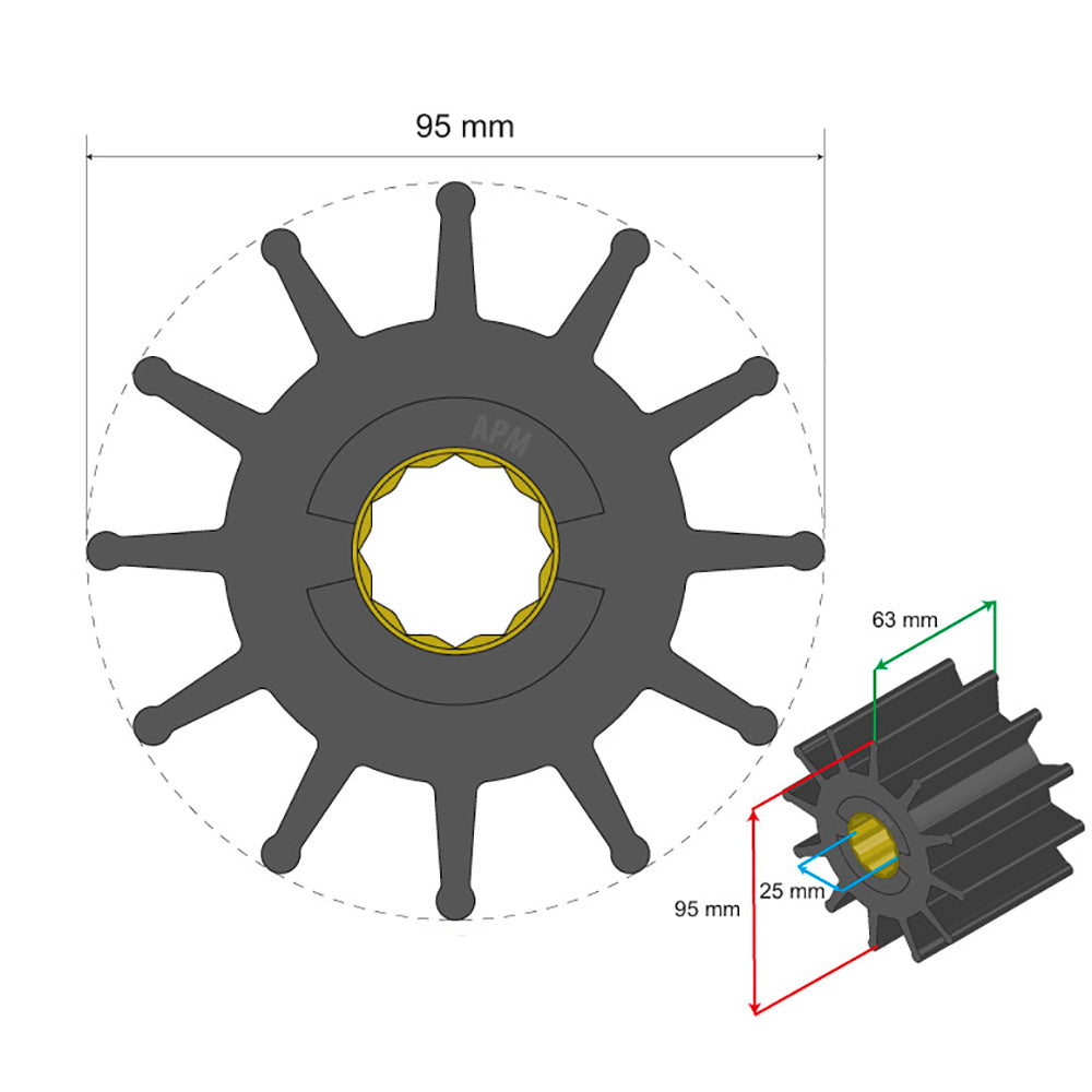 Albin Group Premium Impeller - 95 x 25 x 63mm - 12 Blade - Spline Insert [06-02-028]