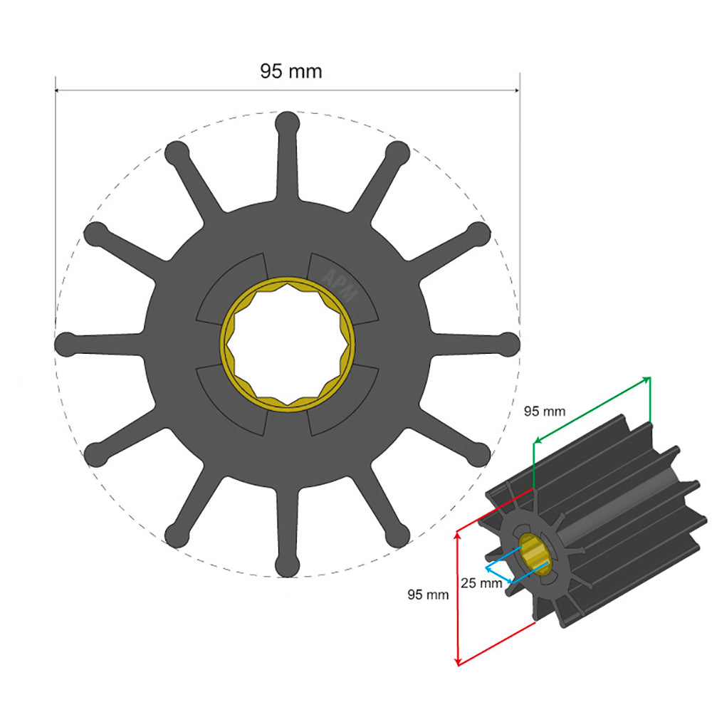 Albin Group Premium Impeller Kit 95 x 25 x 95mm - 12 Blade - Spline Insert [06-02-032]