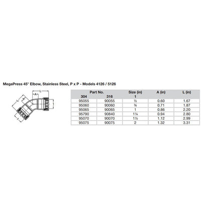 Viega MegaPress 1" 45 Stainless Steel 304 Elbow - Double Press Connection - Smart Connect Technology [95065]