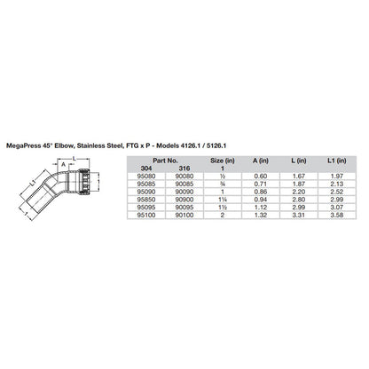 Viega MegaPress 3/4" 45 Stainless Steel 304 Elbow Street - Press Connection - Smart Connect Technology [95085]