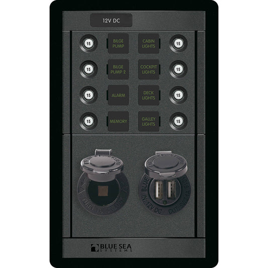 Blue Sea 1498 - 360 Panel - 8 Position 12V Panel w/Dual USB  12V Socket [1498]